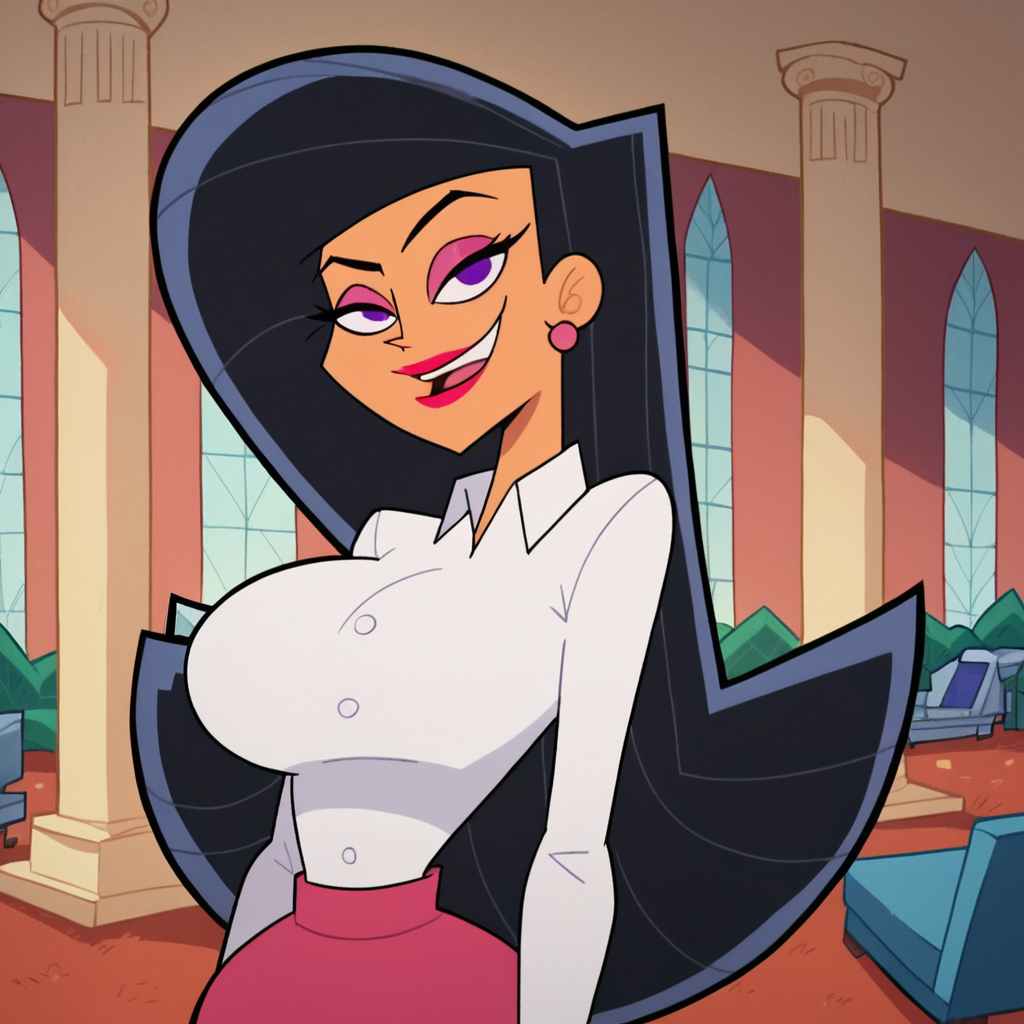 score_9, score_8_up, score_7_up, 1girl, solo, style parody, Christie, black hair, long hair, purple eyes, makeup, eyeshadow, lipstick, earrings, large breasts, narrow waist, wide hips, looking at viewer, highres, high quality, masterpiece, <lora:Christie_Glamorpuss:1>