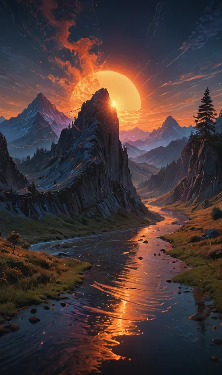 flame of sun descending over the landscape by Jessica Rossier and [Audrey Kawasaki|Tara McPherson] in the style of [Mitch Dobrowner:Kelly Mckernan:0.25],dark blue and orange colors, colorful scribbles, psychedelic art , <lora:add-detail-xl:1.2> ,<lora:ral-hlgrphic-sdxl:1>,ral-hlgrphic,colorpop , <lora:EpicF4nta5yXL:0.6>
