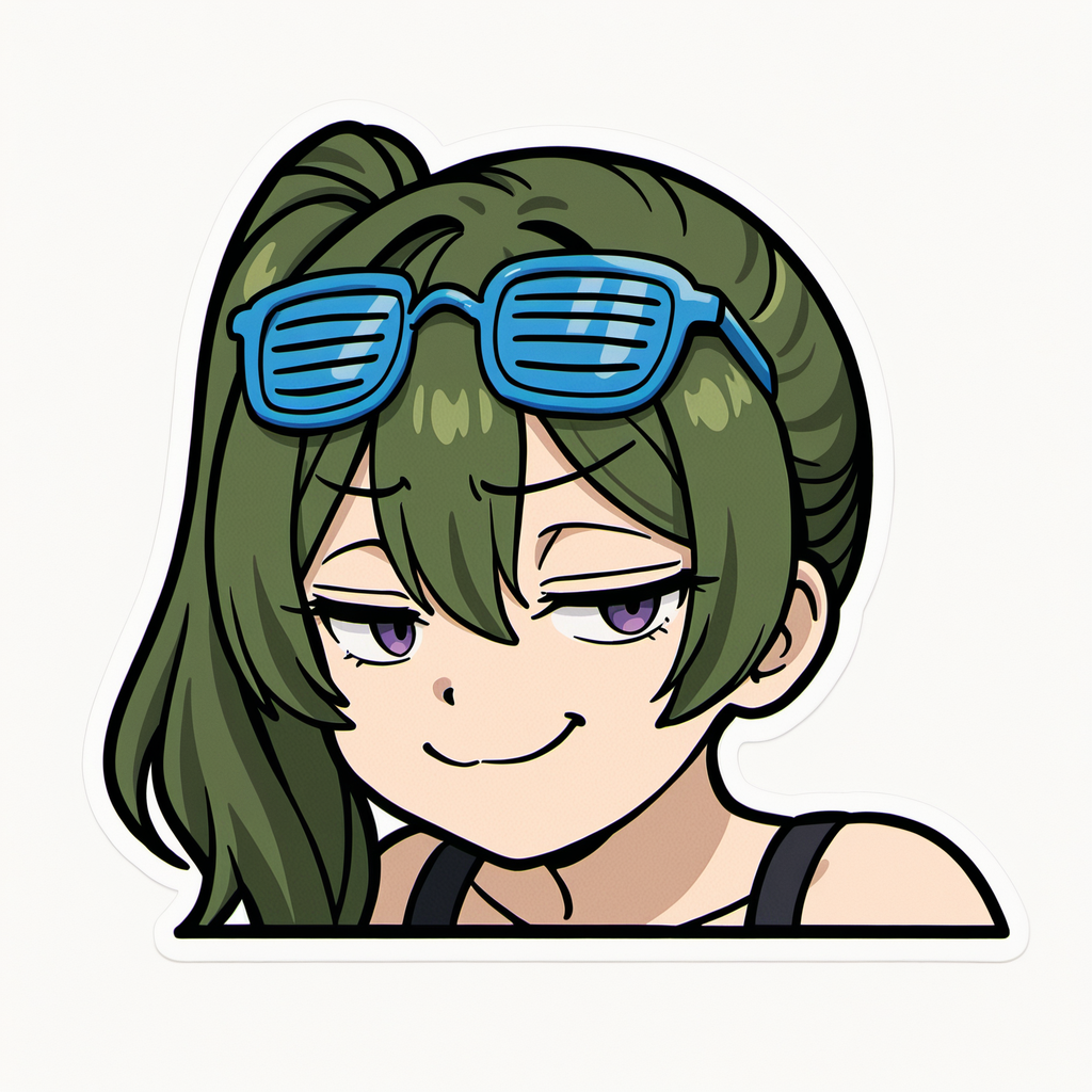 embedding:IllusP0s, peeker sticker, white background, 1girl, solo, ubel_\(sousou no frieren\), green hair, purple eyes, smug, shutter shades, eyewear on head,<lora:peek sticker_illustrious.safetensors:1.0:1.0>