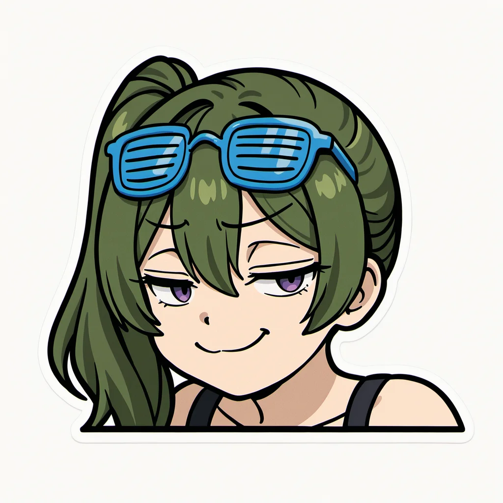 embedding:IllusP0s, peeker sticker, white background, 1girl, solo, ubel_\(sousou no frieren\), green hair, purple eyes, smug, shutter shades, eyewear on head,<lora:peek sticker_illustrious.safetensors:1.0:1.0>