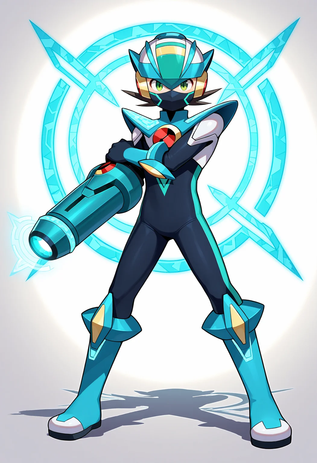 masterpiece,best quality,amazing quality,megaman.exe,x dive armor,helmet,green eyes,weapon,male focus,1boy,bodysuit,arm cannon,blue footwear,armor,standing,covered mouth,black bodysuit,looking at viewer,mask,full body,boots,legs apart,mouth mask,solo,shoulder armor,blue armor,fighting stance,blue bodysuit,holding,gloves,glowing,hand on own arm,<lora:DiVE_Cross:0.9>,