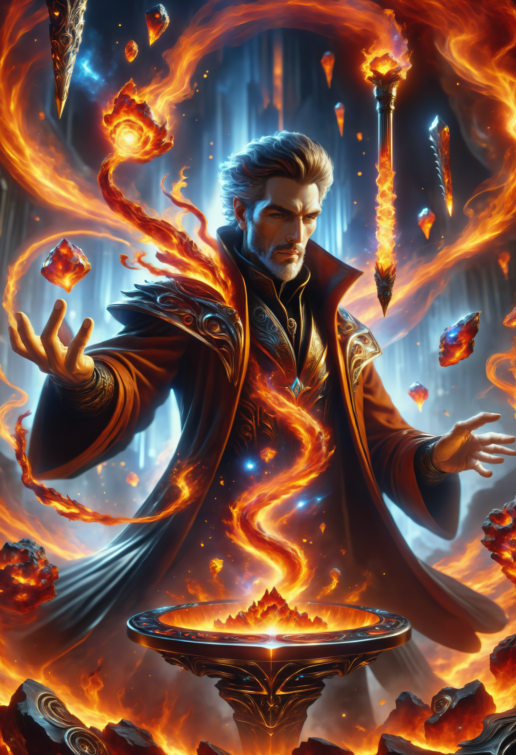 hyper detailed masterpiece, dynamic, awesome quality, a male hologrammancer summoning pneumatic magma DonMM4g1cXL magic, wand <lora:DonMM4g1cXL_v1.2:1>, Perfect Hands,  <lora:Perfect Hands:1>