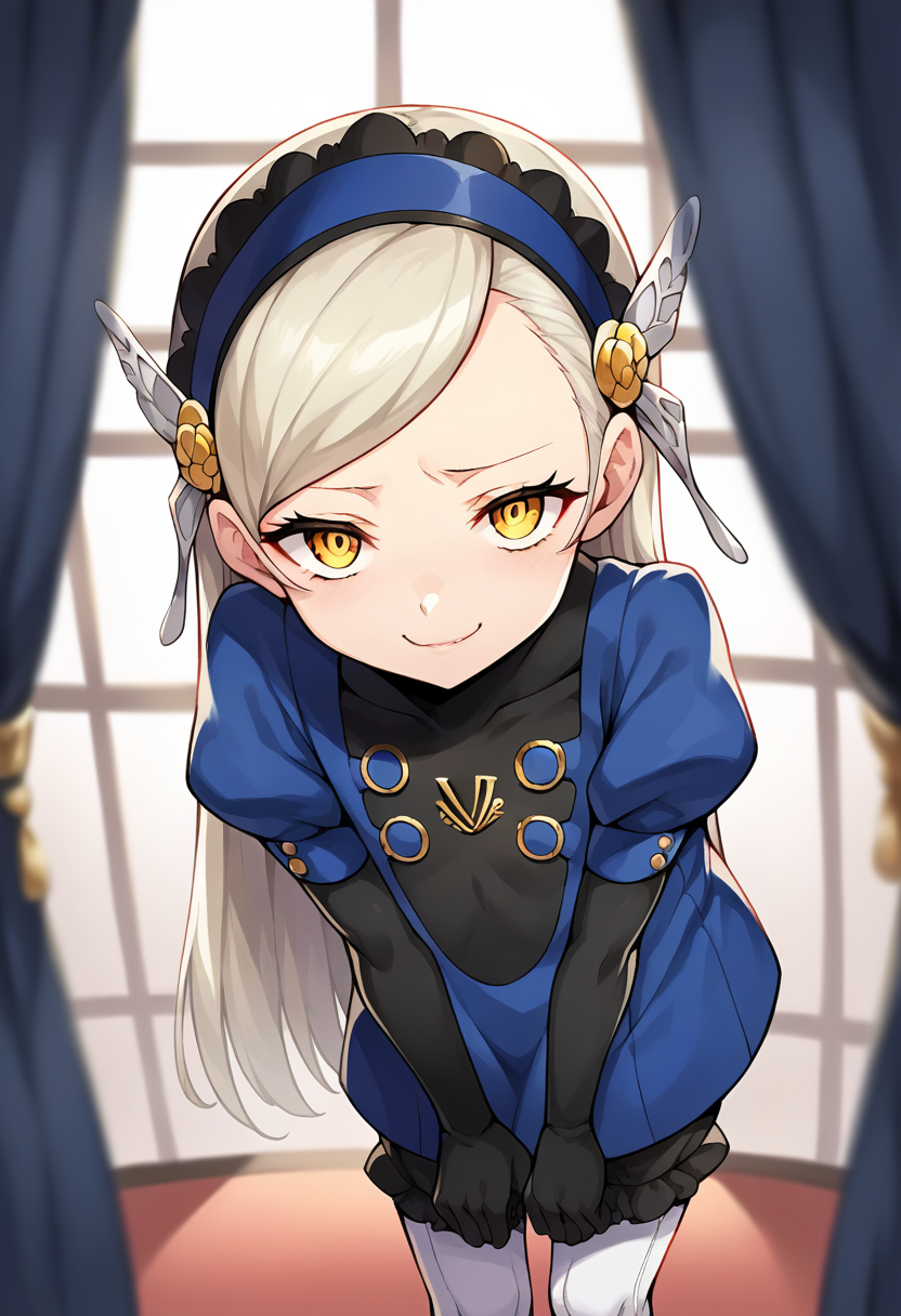score_9, score_8_up, score_7_up, source_anime, masterpiece, 1girl, ct_l4v3nza, platinum blonde hair, yellow eyes, blue short dress, puffy short sleeves, black elbow gloves, white pantyhose, black bloomers, shiny skin, smug, looking at viewer, indoors, depth of field, leaning forward,  <lora:Lavenza_p5_ct:0.9>
