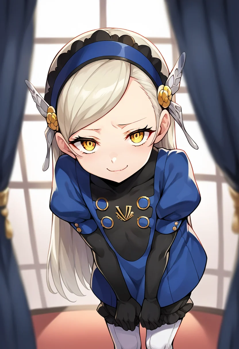 score_9, score_8_up, score_7_up, source_anime, masterpiece, 1girl, ct_l4v3nza, platinum blonde hair, yellow eyes, blue short dress, puffy short sleeves, black elbow gloves, white pantyhose, black bloomers, shiny skin, smug, looking at viewer, indoors, depth of field, leaning forward, <lora:Lavenza_p5_ct:0.9>