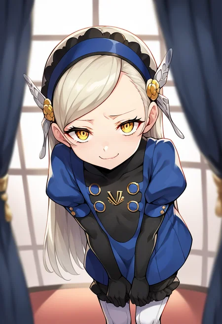 score_9, score_8_up, score_7_up, source_anime, masterpiece, 1girl, ct_l4v3nza, platinum blonde hair, yellow eyes, blue short dress, puffy short sleeves, black elbow gloves, white pantyhose, black bloomers, shiny skin, smug, looking at viewer, indoors, depth of field, leaning forward,  <lora:Lavenza_p5_ct:0.9>