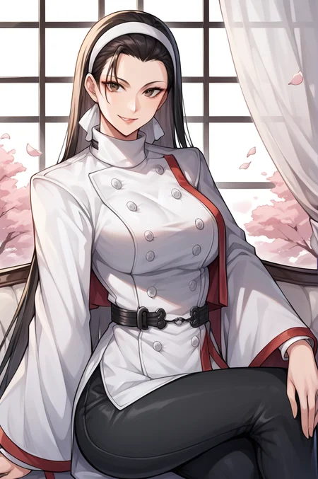 score_9, score_8_up, score_7_up, score_6_up, source_anime, BREAK masterpiece, <lora:ChizuruKOF:1>, ChizuruKOF, hair slicked back, long hair, white hairband, japanese clothes, belt, wide sleeves, black pants,, light smile, looking at viewer, cherry blossoms, upper body, close-up, crossed legs, light smile, white couch, white curtains, hand on own knee, looking at viewer,