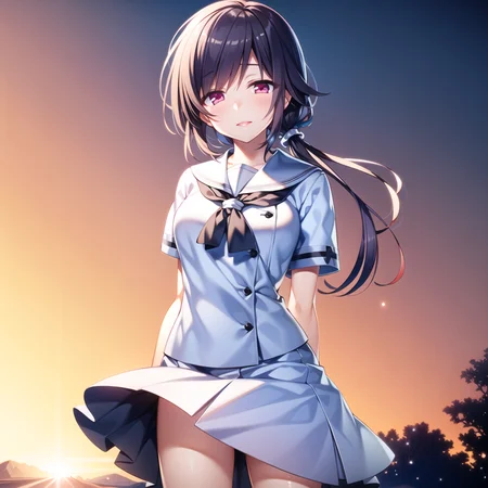 ((masterpiece)), ((best quality)), ((highres)), ((extremely detailed CG unity 8k wallpaper)), solo, <lora:mizuori shizuku:0.6>, mizuori shizuku, white school uniform, white skirt, black socks, cowboy shot, sunset, thin ponytail