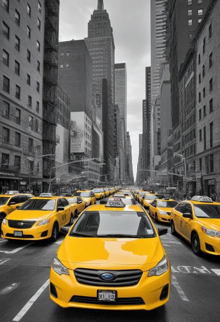 new york city, yellow taxis, (Black and white image, yellow Accent)