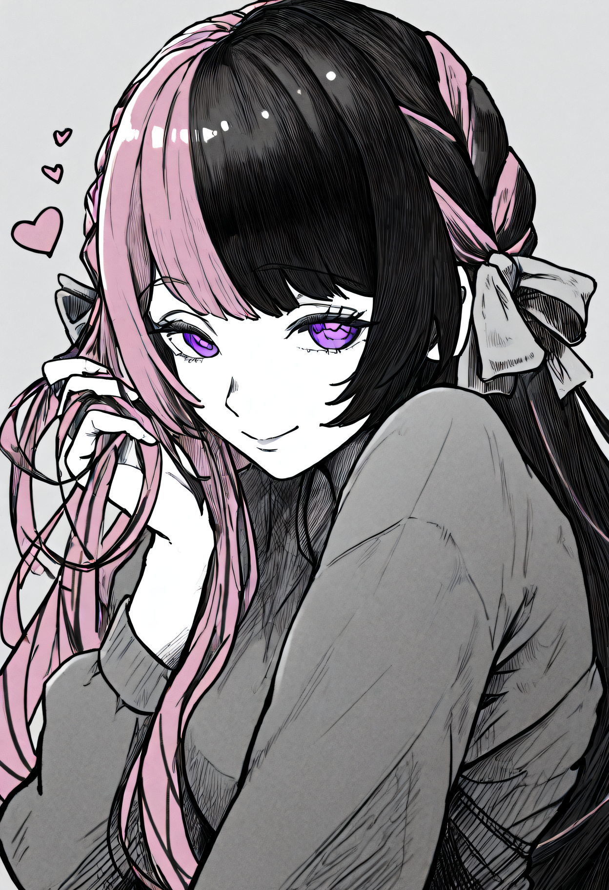 solo, 1girl, <lora:ChamTachibanaHinanoNoob:1>, Hinan0, purple eyes, multicolored hair, pink hair, black hair, long hair, heart symbol, smile, hand in own hair, french braid, hair bow, very awa, masterpiece, best quality, highres, absurdres, <lora:SketchArtV2:1>, greyscale, monochrome, sk3tch, hatching/(texture/)