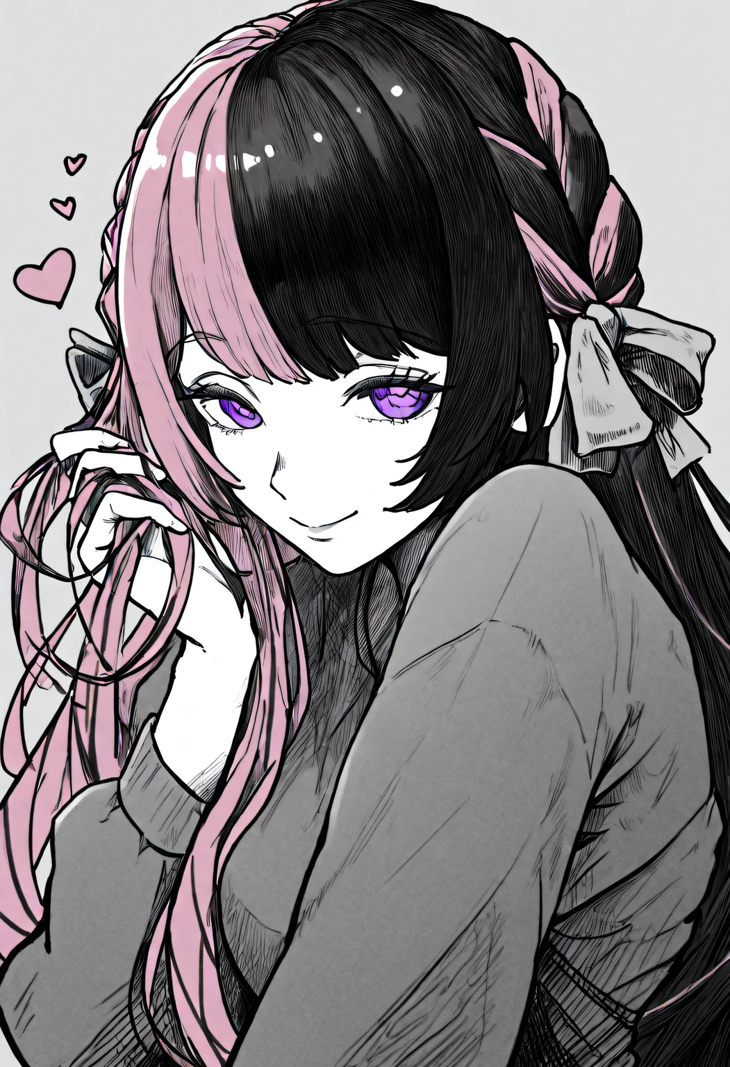 solo, 1girl, <lora:ChamTachibanaHinanoNoob:1>, Hinan0, purple eyes, multicolored hair, pink hair, black hair, long hair, heart symbol, smile, hand in own hair, french braid, hair bow, very awa, masterpiece, best quality, highres, absurdres, <lora:SketchArtV2:1>, greyscale, monochrome, sk3tch, hatching/(texture/)
