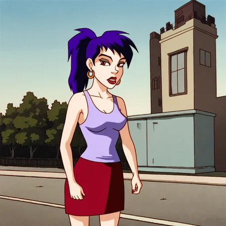 <lora:Kylie_pony_v1:.7>KyliePonytail, 1girl, red skirt, earrings, tank top, ponytail, jewelry, purple hair, cowboy shot