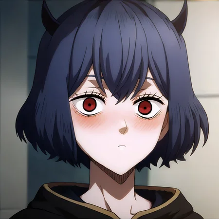 highres, sharp focus, pixiv masterpiece, highly detailed, 1girl, small_breasts, blackbull-cape, nero-dress, Secre_Swallowtail_XL, source_anime, score_8_up, score_7_up, score_9, <lora:Secre_Swallowtail_PonyXL_v19-000001:1> , eyelashes, headshot, close-up, surprised, looking at viewer, blushing