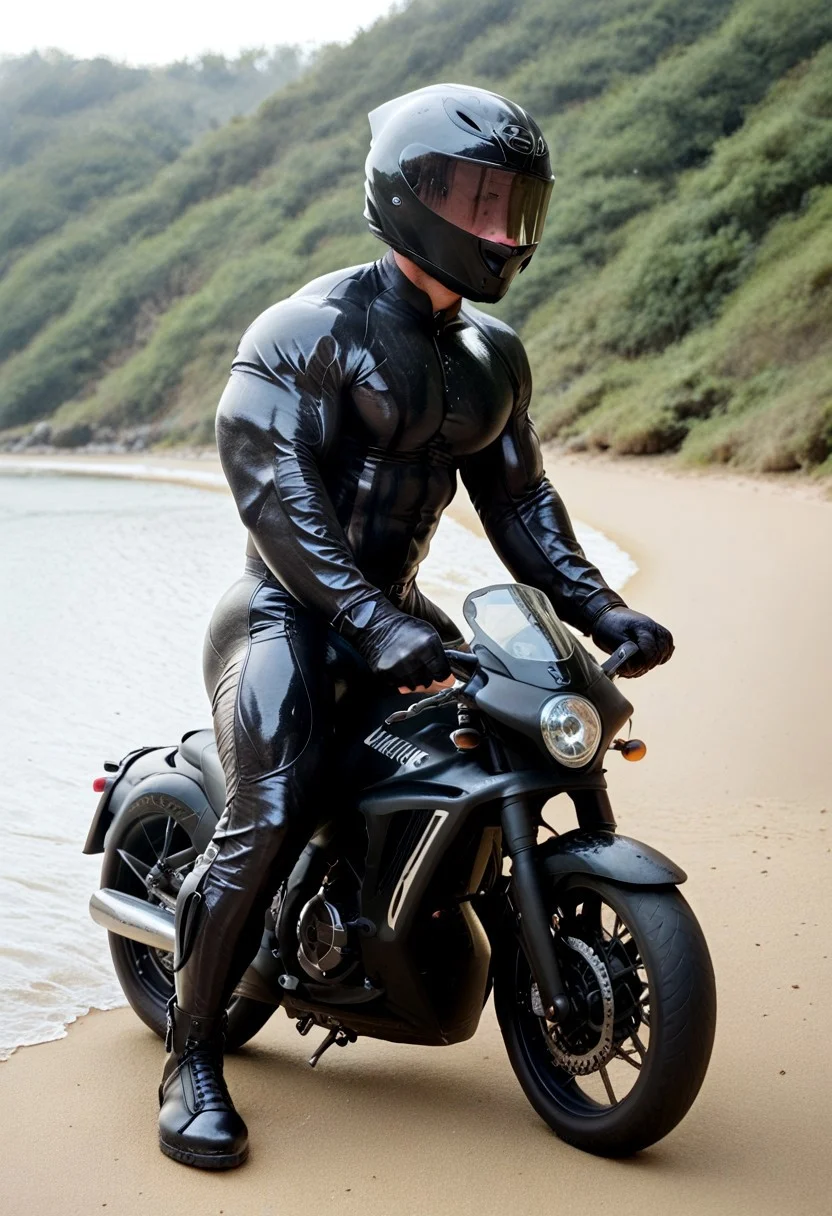 score_9, score_8_up, score_7_up, photo, photorealistic, rating_explicit, (solo:1.1), 1boy, muscular male, masculine male, black glossy rubber full bodysuit, skintight, black rubber gloves, black rubber boots, abs, nipples, pecs, black motorcycle helmet with black tinted visor, proud, sweaty, outdoors beach, five digits, driving a black large tall motorcycle, riding black large motorcycle, side view