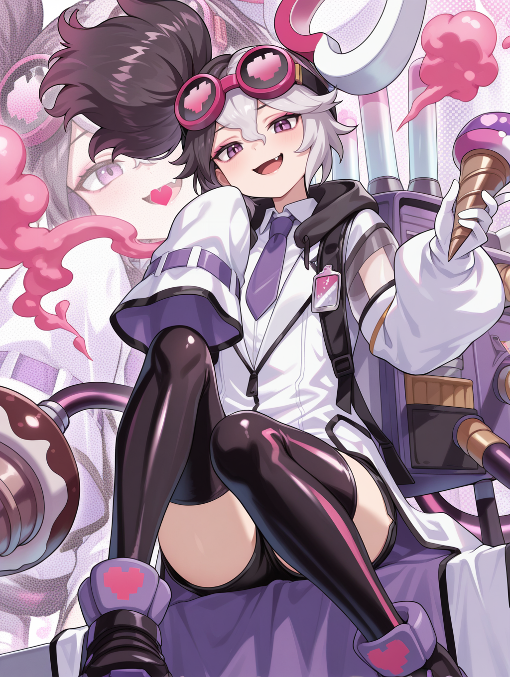 vanquish soul dr. mad love,1girl,fang,solo,open mouth,looking at viewer,cone \(weapon\),smile,single sleeve past fingers,sitting,extra mechanical arms,backpack,holding cone \(weapon\),zoom layer,white hair ornament,goggles on head,white collared shirt,white labcoat,purple necktie,single white glove,black short shorts,black thighhighs,drill,huge hammer,purple smoke,dual wielding,official style,polka dot background,
masterpiece,best quality,amazing quality,very aesthetic,absurdres,newest,<lora:Vanquish Soul Dr. Mad Love illusXL v1.1:0.72>,
