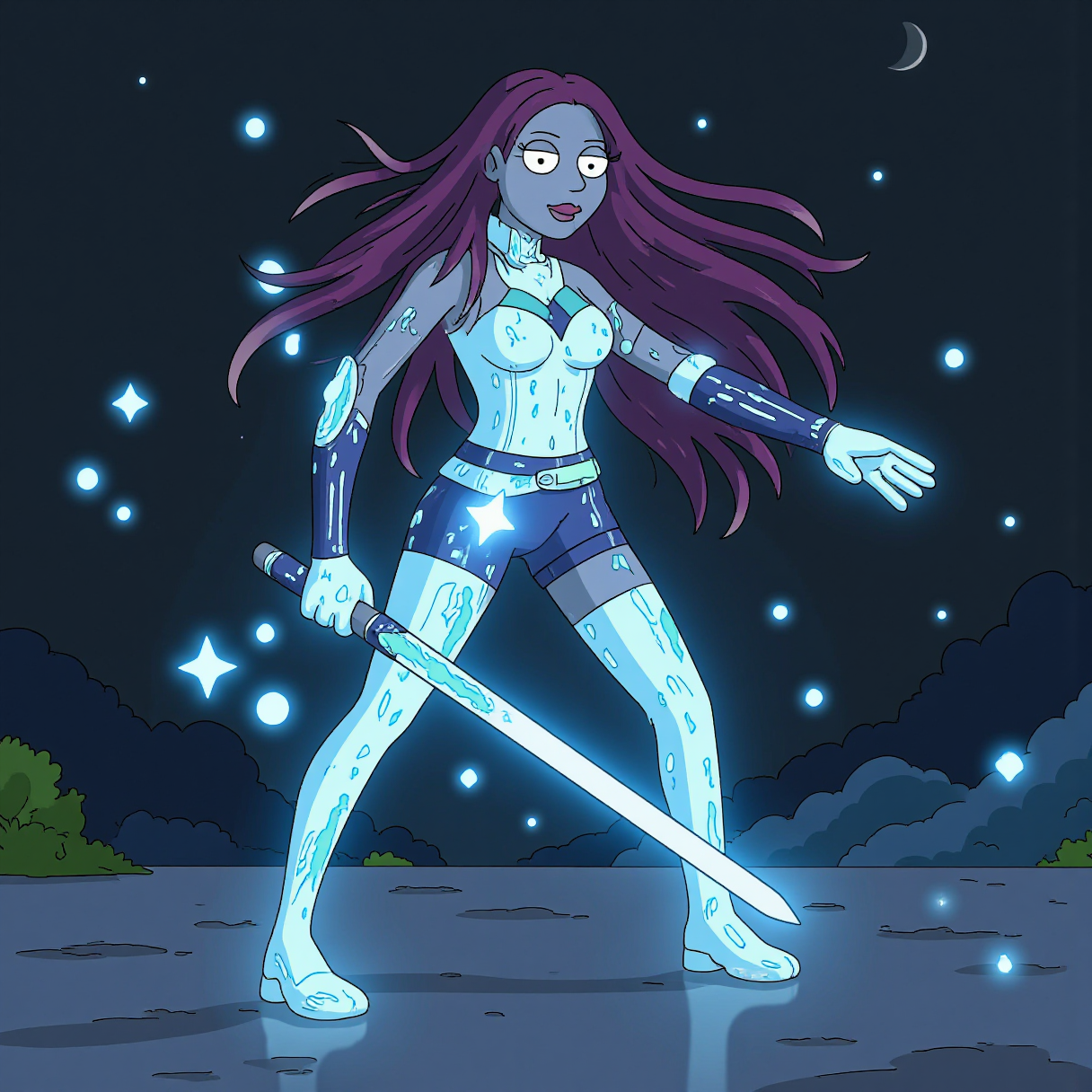 cartoon,archaea/humanoid/female, stands up and she looks at the viewer seductively and alluringly, the camera pans out then she walks toward the viewer, slight breeze, realistic physics for clothing and her bioluminescence translucent body and hair, weapons start controlling all elements drawing the power to her bioluminescence sword. Masterpiece, 32k, 16k, 8k, masterpiece character sheet.t