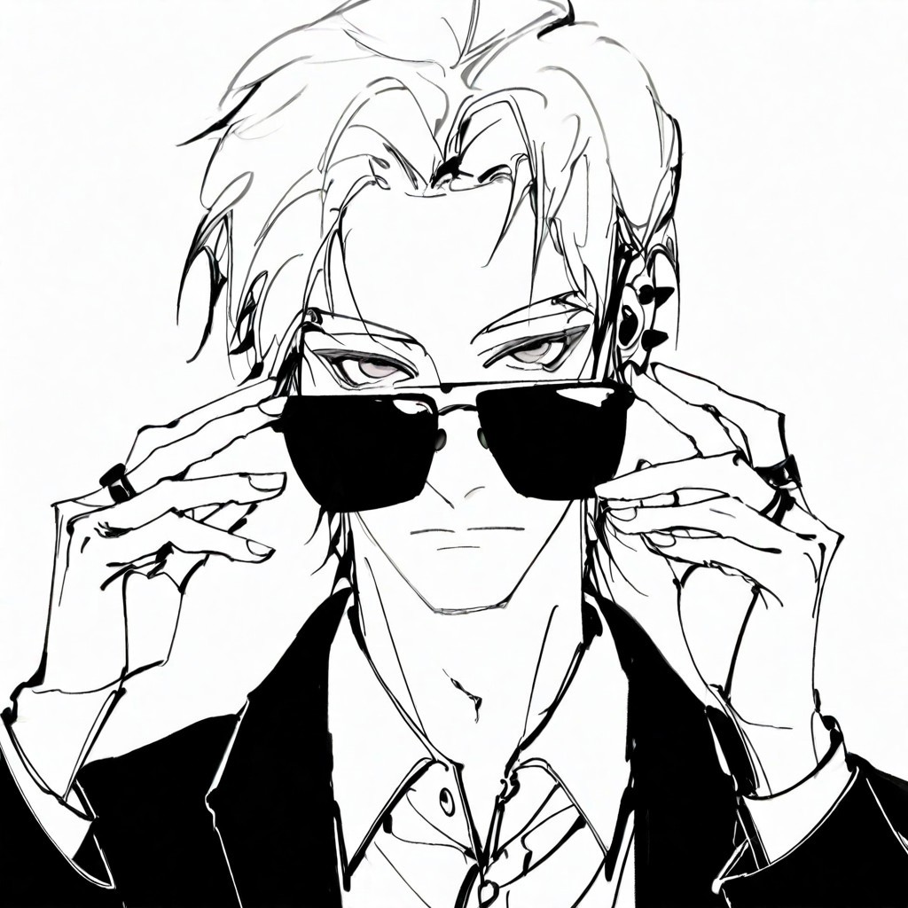 , solo, Monochrom 
1boy, adjusting eyewear, closed mouth, collared shirt, ear piercing, expressionless, greyscale, jacket, jewelry, looking at viewer, looking over eyewear, male focus, monochrome, portrait, ring, shirt, short hair, sketch, solo, sunglasses, white background