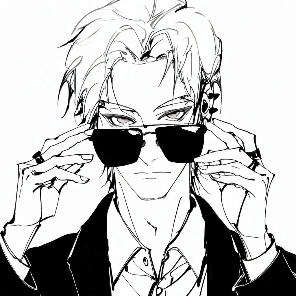 , solo, Monochrom 
1boy, adjusting eyewear, closed mouth, collared shirt, ear piercing, expressionless, greyscale, jacket, jewelry, looking at viewer, looking over eyewear, male focus, monochrome, portrait, ring, shirt, short hair, sketch, solo, sunglasses, white background