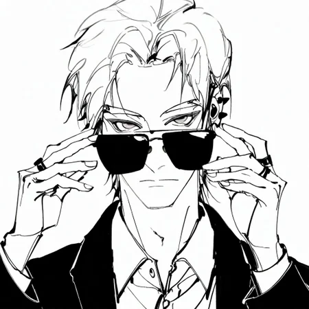 , solo, Monochrom 
1boy, adjusting eyewear, closed mouth, collared shirt, ear piercing, expressionless, greyscale, jacket, jewelry, looking at viewer, looking over eyewear, male focus, monochrome, portrait, ring, shirt, short hair, sketch, solo, sunglasses, white background