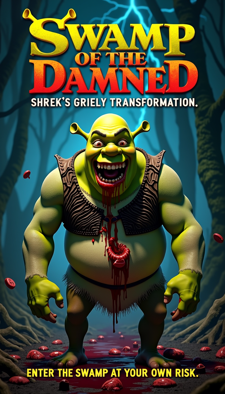 A horror movie poster with the printed title: Title: "Swamp of the Damned: Shrek's Grisly Transformation"
In the foreground, a grotesque and malformed version of the beloved ogre Shrek is depicted, his once green and friendly face now twisted into a hideous expression, eyes glowing red with madness. His body is drenched in blood and gore, with various organs and body parts scattered around him.
The background is a dark and ominous swamp, filled with twisted trees and eerie creatures lurking in the shadows. Lightning strikes in the distance, illuminating the sky with an otherworldly glow.
In large, bold letters, the new title "Swamp of the Damned" is written, with the subtitle "Shrek's Grisly Transformation" written underneath. The text is stylized to look like it is splattered with blood, giving it a horror-themed aesthetic.
Below the title, in a smaller font, is the tagline "Enter the Swamp at Your Own Risk" and the MPAA rating of "R" is featured prominently to emphasize the gruesome content of the poster.
Despite the recognizable character and setting, the overall effect of the poster is dark, disturbing, and horror-filled, a true 18+ R-rated reimagining of the original movie.