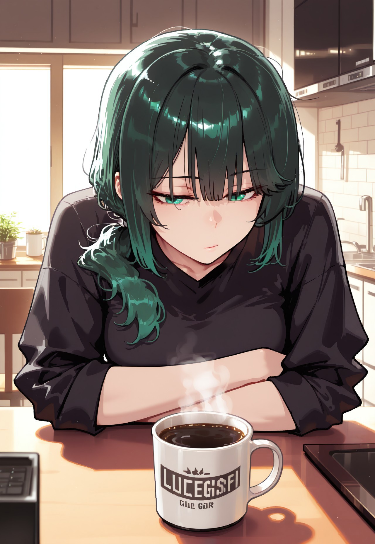 safe_pos, 1girl, solo, medium breasts, young, bangs, low small ponytail, dark emerald hair, emerald eyes, eyebags, sleep deprivation, 

indoors, morning, table, coffee mug focus, coffee mug, kitchen, 

resting head on table, longing, sitting, trying to wake up, tired, black shirt, 

very detailed, masterpiece, 8k, detailed hair, best quality, amazing quality, very awa, absurdres, detailed clothes, 

bad_prompt_version2, negativeXL_D