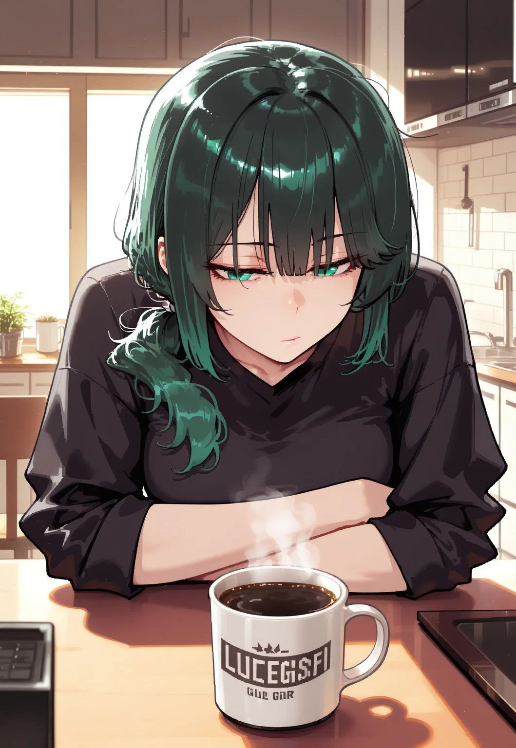 safe_pos, 1girl, solo, medium breasts, young, bangs, low small ponytail, dark emerald hair, emerald eyes, eyebags, sleep deprivation,
indoors, morning, table, coffee mug focus, coffee mug, kitchen,
resting head on table, longing, sitting, trying to wake up, tired, black shirt,
very detailed, masterpiece, 8k, detailed hair, best quality, amazing quality, very awa, absurdres, detailed clothes,
bad_prompt_version2, negativeXL_D