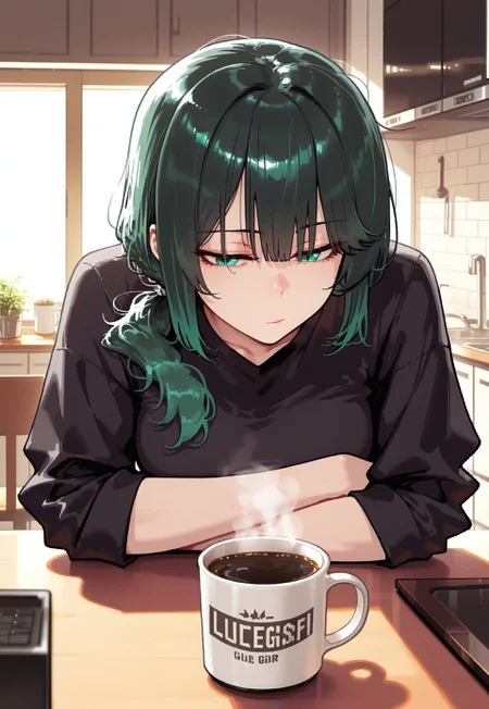safe_pos, 1girl, solo, medium breasts, young, bangs, low small ponytail, dark emerald hair, emerald eyes, eyebags, sleep deprivation,
indoors, morning, table, coffee mug focus, coffee mug, kitchen,
resting head on table, longing, sitting, trying to wake up, tired, black shirt,
very detailed, masterpiece, 8k, detailed hair, best quality, amazing quality, very awa, absurdres, detailed clothes,
bad_prompt_version2, negativeXL_D