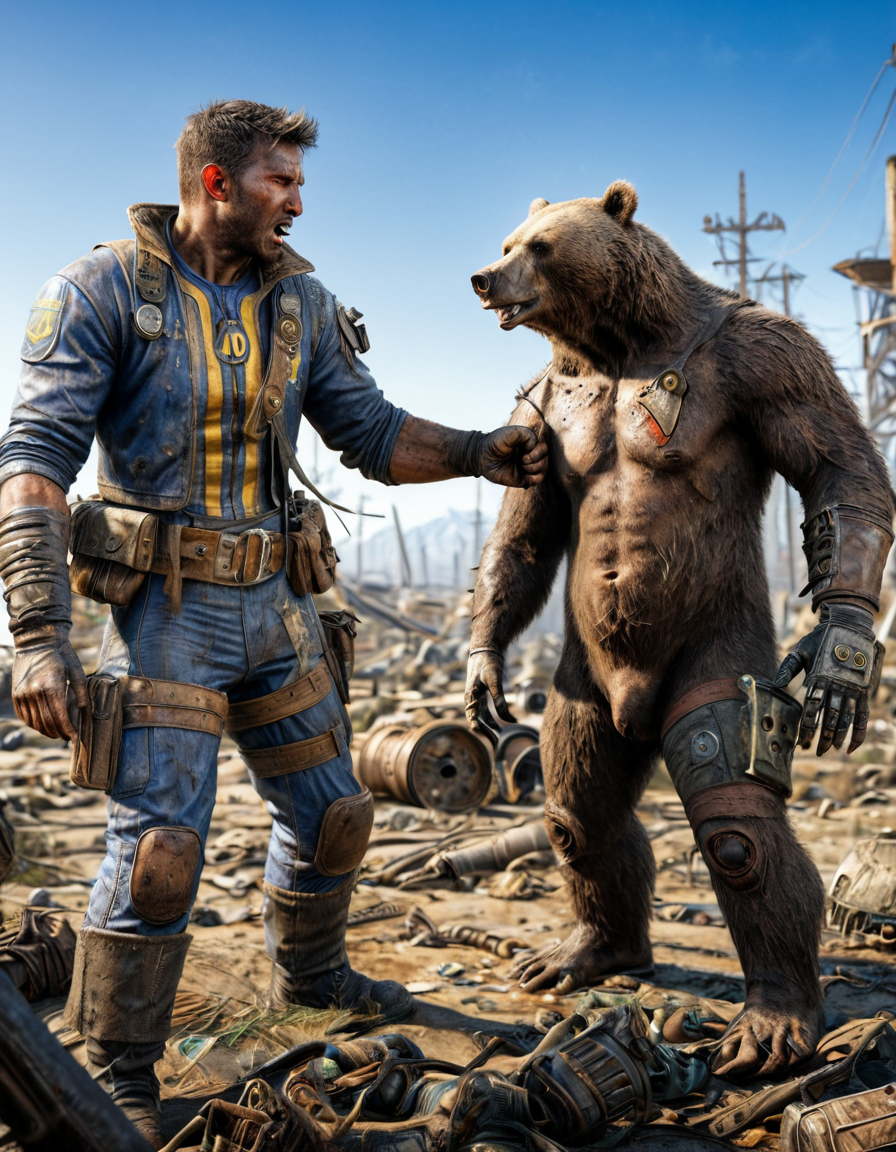 Skin Textures, High Resolution, High-Resolution Image, Cinematic, falloutlora, 1man, 1bear, fight, wasteland, Professional Photography falloutlora, 1man, 1bear, fight, wasteland . Studio lighting, sharp focus, high-resolution, lifelike colors, Close-Up falloutlora, 1man, 1bear, fight, wasteland . Detailed macro perspective, highly detailed, high-resolution, intricate textures