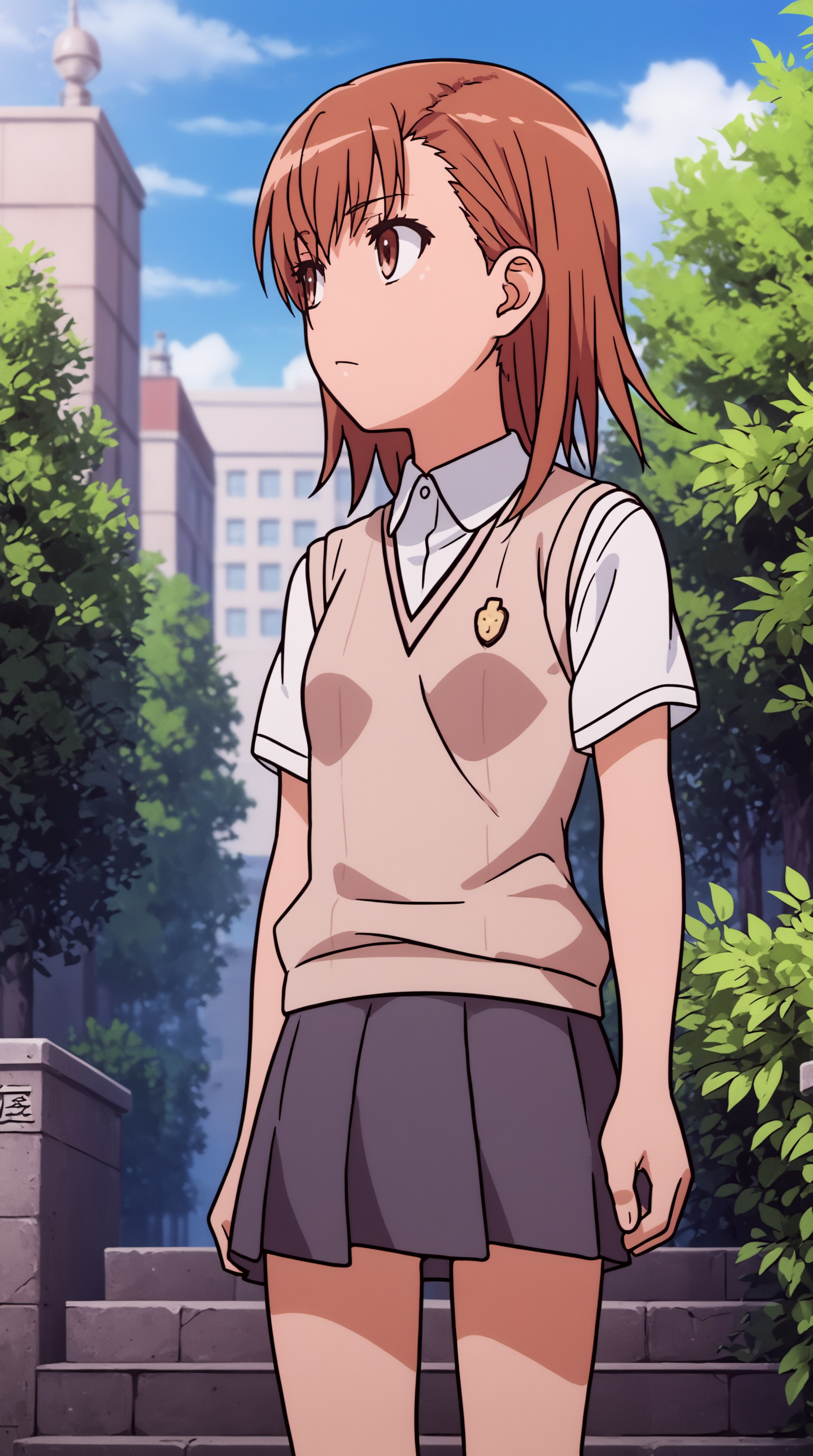 score_9, score_8_up, score_7_up, best background, detailed background, 4k, upscale, anime_source,  Mikoto Misaka, Main Outfit, solo, standing, outdoors, looking to the side, outdoors,   <lora:JN_Mikoto_Misaka_Pony:0.8>
