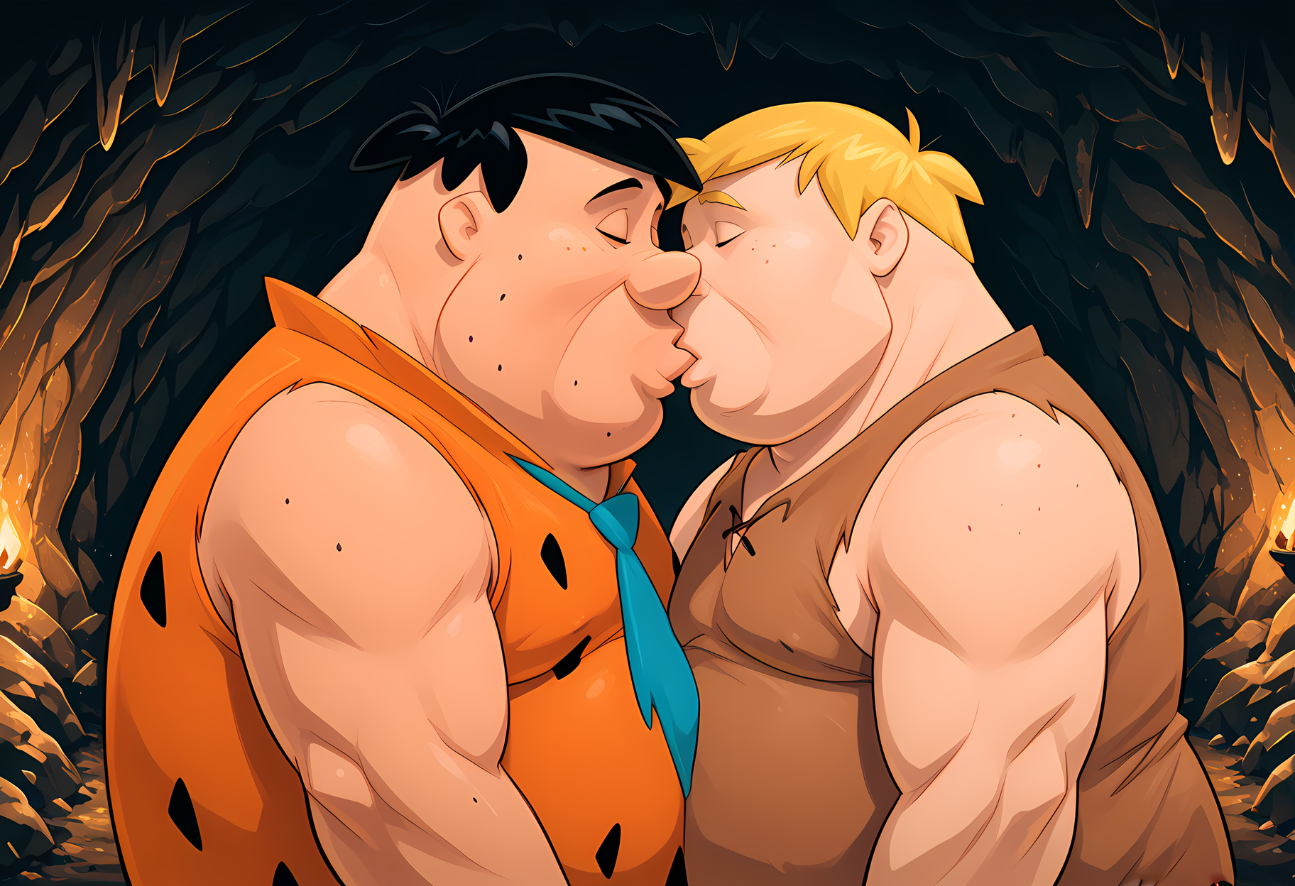 masterpiece, best quality, amazing quality, 2boys, side view, kissing, deep kiss, embrace, cave, underground,  <lora:cfg_scale_boost:.6>, <lora:Szadek:1.2> sz3d3k <lora:WFA_-_PDXL_Artist_Style:1.2> wfastyle <lora:Torakitchen__Ebitendon_-_Style_-_PDXL:1.2> tk_style ADDBASE
fred flintstone, mature male, black hair, eyes closed, necktie, shirt, chubby, overweight, moobs, upper body focus, kissing, <lora:Fred_Flintstone__-_The_Flintstones:0.7> BREAK
barney rubble, mature male, blonde hair, eyes closed, shirt, chubby, overweight, moobs, upper body focus, deep kiss, <lora:Barney_Rubble_-_The_Flintstones__Illustrious_:0.8>