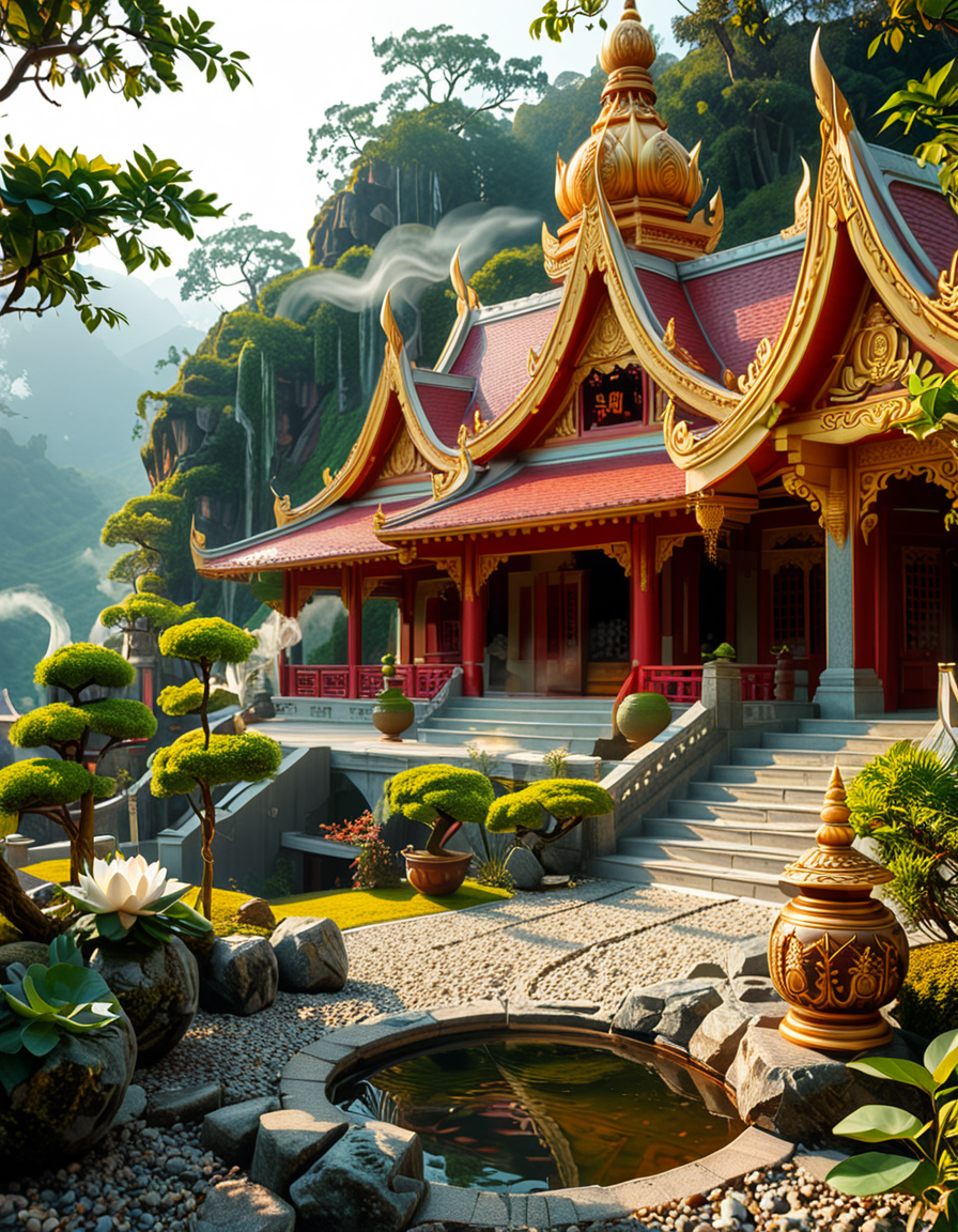 A majestic Buddhist temple nestled in a lush, misty mountain landscape. The temple features traditional curved rooftops with golden ornaments, intricate wooden carvings, and red and gold-painted walls. Large prayer flags in vibrant colors flutter in the wind, adding a spiritual atmosphere. A long stone staircase, partially covered in moss, leads to the main entrance, where a pair of large guardian statues stand watch. The scene is bathed in soft morning light, with gentle rays filtering through the mist, creating a serene and mystical ambiance. The background consists of towering green mountains and a sky with soft pastel hues. In the foreground, a Buddhist monk in deep orange robes walks peacefully along a stone pathway, holding a string of prayer beads. The overall composition conveys a sense of tranquility, spirituality, and harmony with nature.
<lora:SDXLFaeTastic2400:0.4> <lora:extremely_detailed:0.4> extremely detailed,<lora:Buddhist_t3mpl3:1>,Buddhist t3mpl3, Masterpiece,best quality,hi res,8k,hi res,8k,award winning,(sharp focus, intricate, highly detailed),