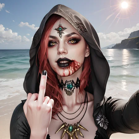 daniela, solo, 1girl, hood, jewelry, necklace, hood up, black lips, looking at viewer, long hair, blood, choker, red hair, yellow eyes, bloody mouth, <lora:Daniela_Dimitrescu_-_Resident_Evil_Village:0.9>
BREAK
level_9, level_8_up, level_7_up, level_6_up, level_5_up, source_cartoon, masterpiece
BREAK
outdoor, beach, ocean, water, sun, selfie, teeth