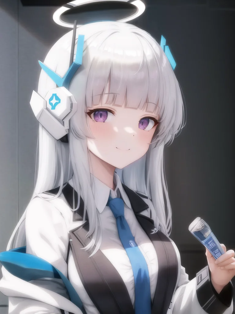 halo, 1girl, purple eyes, solo, necktie, sky, jacket, blue necktie, looking at viewer, mechanical halo, long hair, smile, holding, suit, formal, grey hair, cloud, shirt, white jacket, white suit, id card, breasts, open clothes, masterpiece, best quality,ba-noa