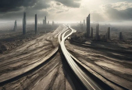 From the ruins of post apocalyptic earth, Roads and landscape formed into the shape of a giant rising out of the ground, roads are formed from his fingers and arms and the body is covered by roads and cities , like an earthquake releasing a trapped giant