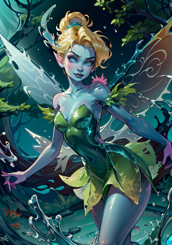 (TinkerWaifu by Fullwater:1), 1girl, (single hair bun, strapless green dress), (fairy wings:1.2), cute, cute pose, curvy, looking at viewer, smile, (short hair), ass focus,(liquid body, liquid, water, blue skin:1.2), (water),
(realistic:1.2), (realism), (masterpiece:1.2), (best quality), (ultra detailed), (8k, 4k, intricate),(full-body-shot:1),(Cowboy-shot:1.2), (85mm),light particles, lighting, (highly detailed:1.2),(detailed face:1.2), (gradients), sfw, colorful,(detailed eyes:1.2),
(detailed ladscape, forest, magic:1.2),(detailed background),(dynamic_angle:1.2), (dynamic_pose:1.2), (rule of third_composition:1.3), (dynamic_perspective:1.2), (dynamic_Line_of_action:1.2),
 <lora:tinkerbell_character-10PROUNED:0.6> <lora:water_concept-10:1>
