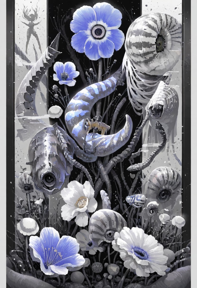 leo-dont-want-to-be-a-painter, tekito midori, minami \(minami373916\),  nihonga, nautilus \(animal\), poppy \(flower\), surreal, revealing layer, depth,[cyberspace], celluloid,masterpiece, high score, great score, absurdres, best quality, very aesthetic, scenery, (vibrant), mysterious, pixel art, (collage background:0.7), no humans, (vibrant:1.1),