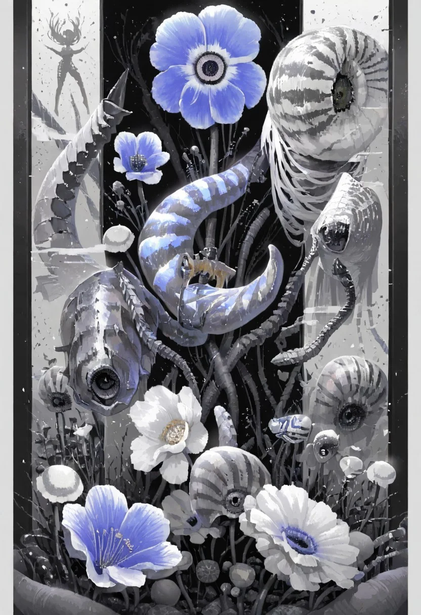 leo-dont-want-to-be-a-painter, tekito midori, minami \(minami373916\),  nihonga, nautilus \(animal\), poppy \(flower\), surreal, revealing layer, depth,[cyberspace], celluloid,masterpiece, high score, great score, absurdres, best quality, very aesthetic, scenery, (vibrant), mysterious, pixel art, (collage background:0.7), no humans, (vibrant:1.1),
