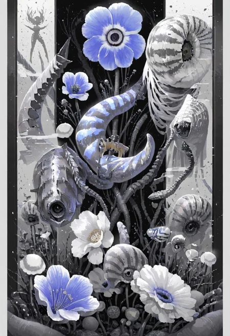leo-dont-want-to-be-a-painter, tekito midori, minami \(minami373916\),  nihonga, nautilus \(animal\), poppy \(flower\), surreal, revealing layer, depth,[cyberspace], celluloid,masterpiece, high score, great score, absurdres, best quality, very aesthetic, scenery, (vibrant), mysterious, pixel art, (collage background:0.7), no humans, (vibrant:1.1),