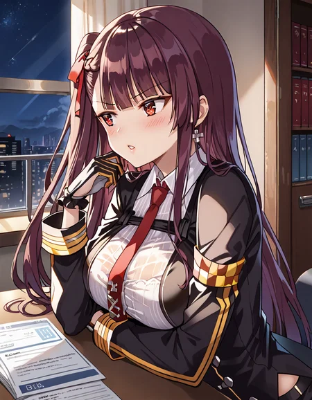 (masterpiece), (best quality), (ultra-detailed), masterpiece, score_9, score_8_up, score_7_up, source_anime BREAK, illustration, disheveled hair, detailed eyes, perfect composition, moist skin, intricate details, earrings, by wlop, Volumetric Lighting, masterpiece, score_9, score_8_up, score_7_up, source_anime BREAK, light depth, dramatic atmospheric lighting, Volumetric Lighting, wa2000 (girls' frontline), large breasts, very long hair, purple hair, half updo, one-side up, red eyes BREAK, WAbase, layered clothes, black clothes, base_shirt, white shirt, framed breasts, base_gloves, base_necktie, base_hair_ribbon, base_ribbon BREAK, indoor, from side, looking away,upper body,hand up, office room, windows, night sky,sitting,night,blush,tsundere