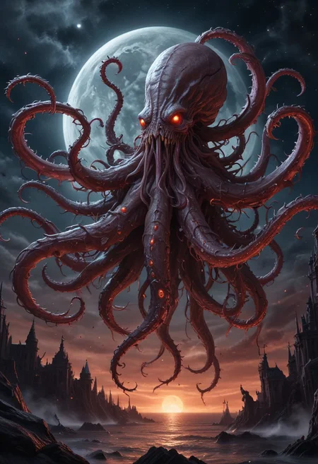 fantasy, horror fantasy, during the lunar eclipse a conjunction of planets unleashes the portals to the underworld releasing barbed tentacled beasts out of the ichor of the night, lunar eclipse demon tentacles barbs ichor, uhd 8k hyper-realistic intricate detail