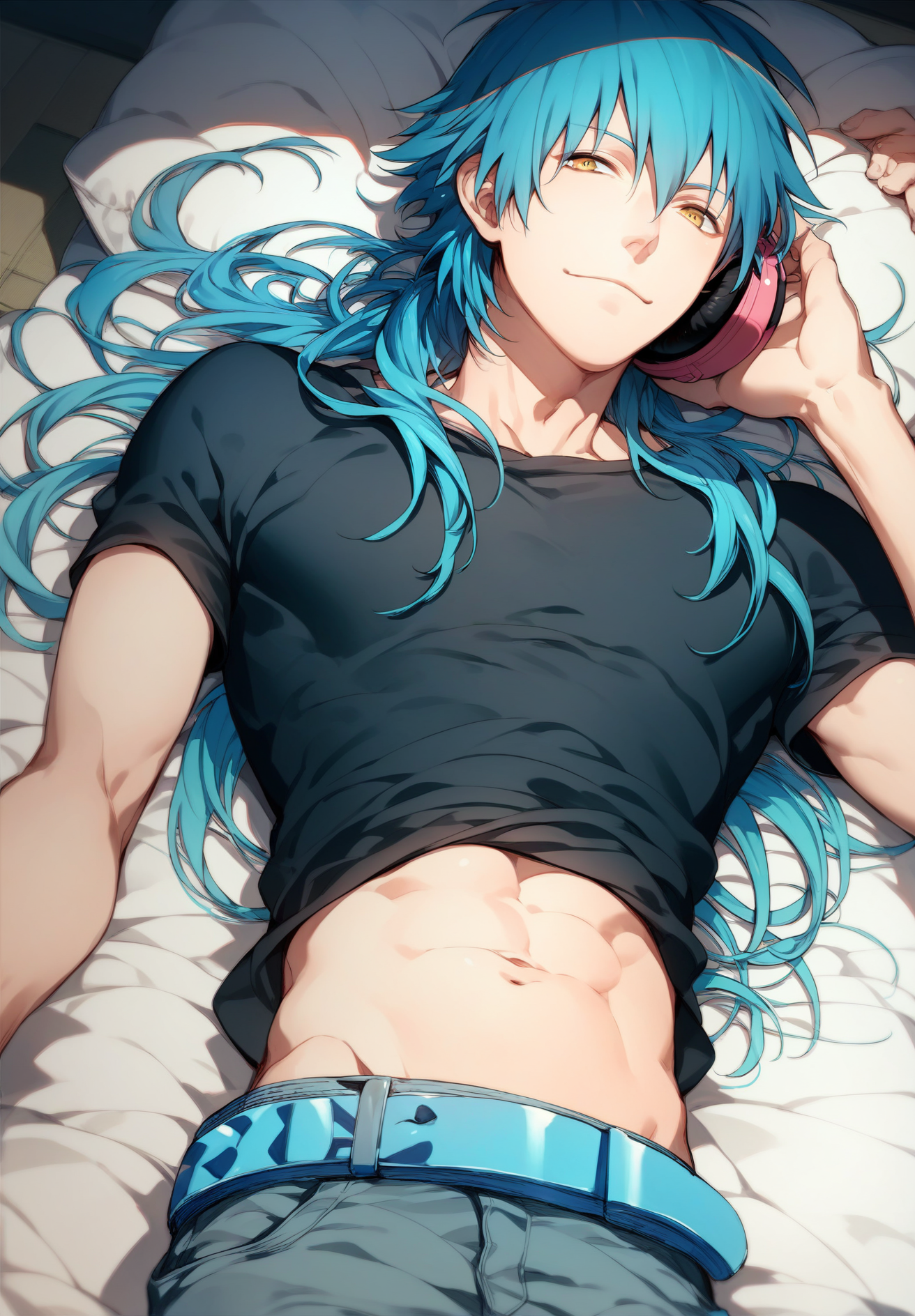 score_9,score_8_up,score_7_up,source_anime,seragaki_aoba,male focus,blue hair,1boy,solo,yellow eyes,long hair,handsome,shinny skin,,headphones,lying,belt,pants,navel,shirt,midriff,light smile,<lora:Seragaki_Aoba:0.9>