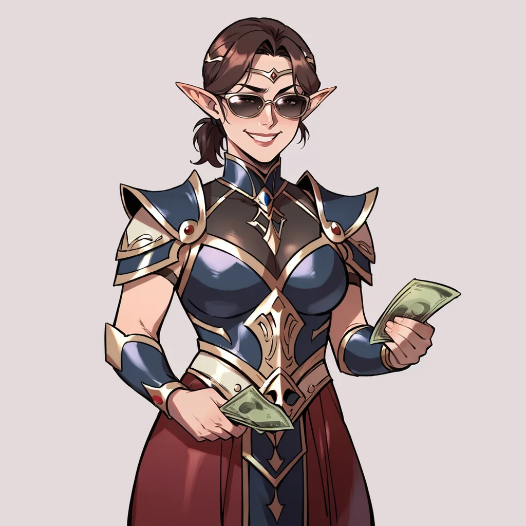 score_9, score_8_up, score_7_up, rating_safe,
brown hair, short ponytail, circlet, armor,
elf, mature woman, sunglasses, holding money bags, smug grin, rich, wealthy,
<lora:HEPRINCESS:0.8>
