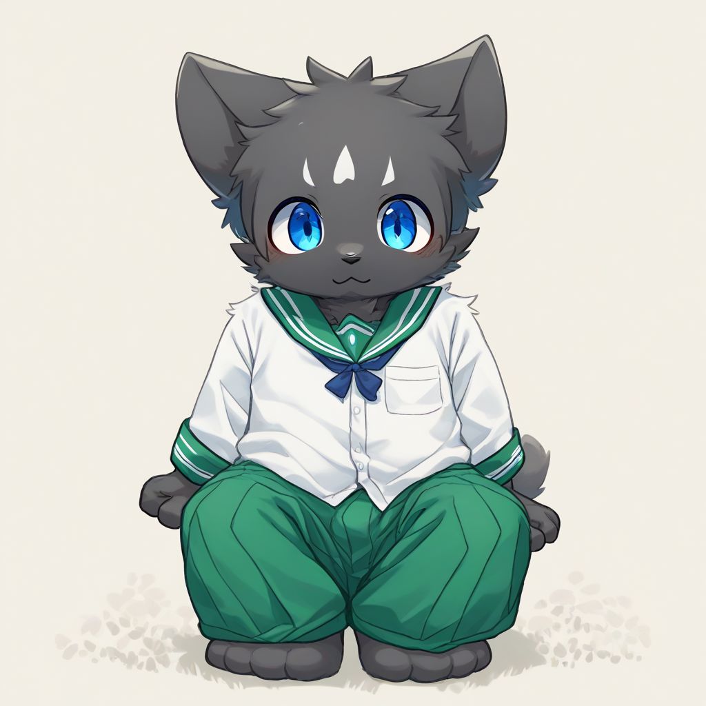 score_9, score_8_up, male, solo, full body, digital art, highly detailed, cat, green trousers, white shirt, look at viewer, school uniform, male school uniform, high school uniform, blue eyes, black fur, black body, furry, kemono, cute, anthro, zPDXL2