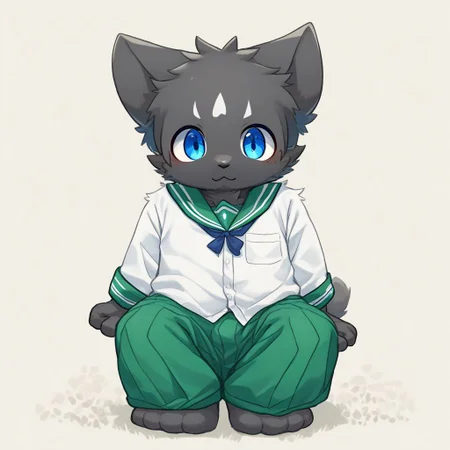 score_9, score_8_up, male, solo, full body, digital art, highly detailed, cat, green trousers, white shirt, look at viewer, school uniform, male school uniform, high school uniform, blue eyes, black fur, black body, furry, kemono, cute, anthro, zPDXL2
