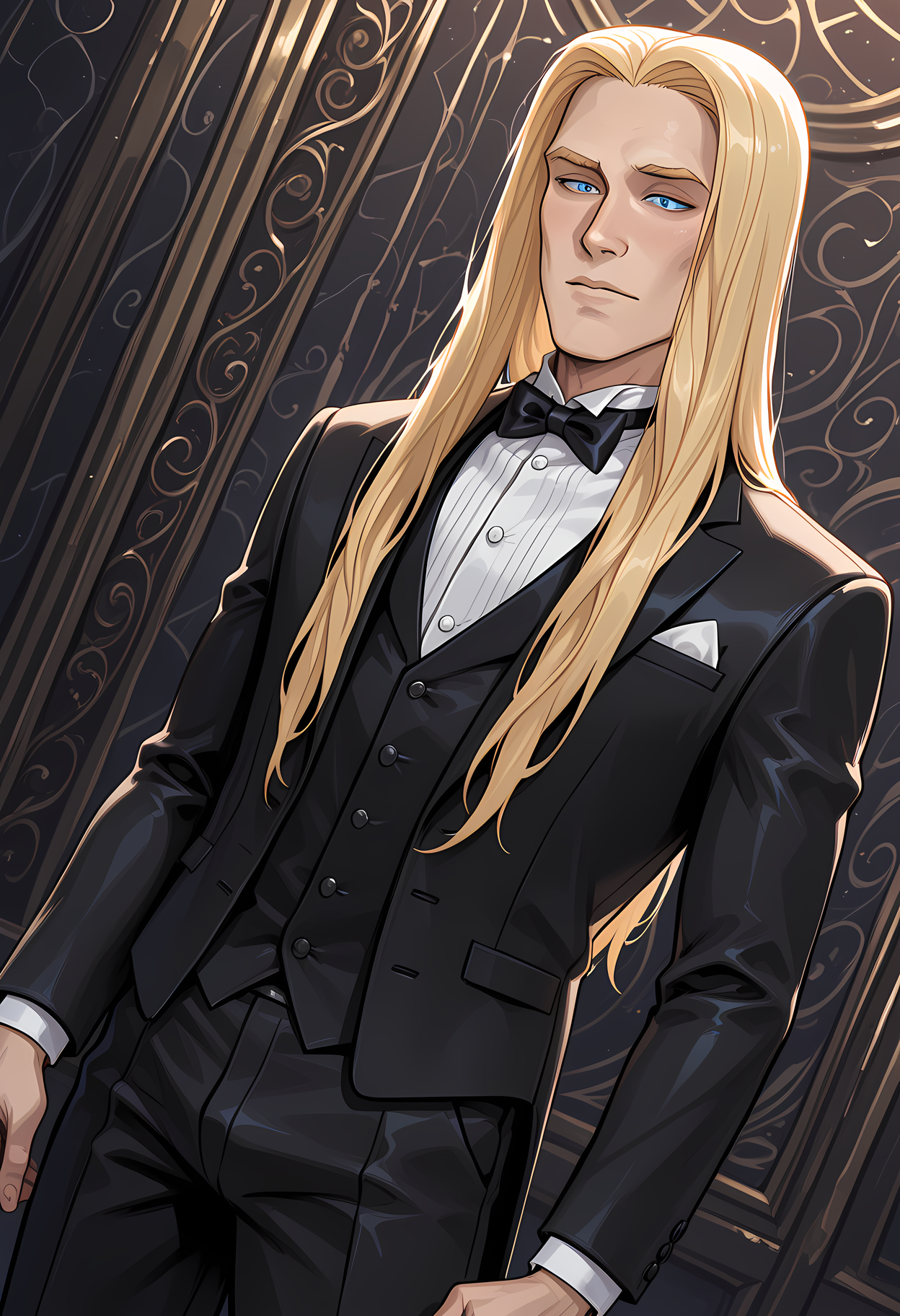 masterpiece, best quality, amazing quality, dutch angle, abstract background, BREAK
1boy, solo, male focus, skwisgaarskwigelf, blonde hair, long hair, blue eyes, tuxedo, formal, bow tie, BREAK
<lora:cfg_scale_boost:.6>   <lora:Skwisgaar_Skwigelf_-_Metalocalypse_-_ILXL:1>