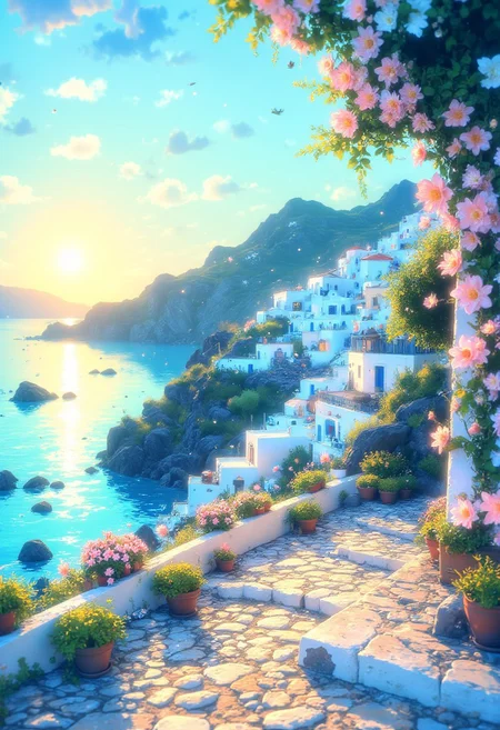 Greek Island Cliffside View
"A stunning cliffside view on a Greek island, overlooking the shimmering turquoise waters of the Mediterranean. The whitewashed houses of a small village cascade down the rocky cliffs, with blue doors and windows adding a charming contrast. The foreground features a cobblestone terrace adorned with potted plants and climbing bougainvillea. The sun is setting, casting golden light over the sea and the surrounding landscape."