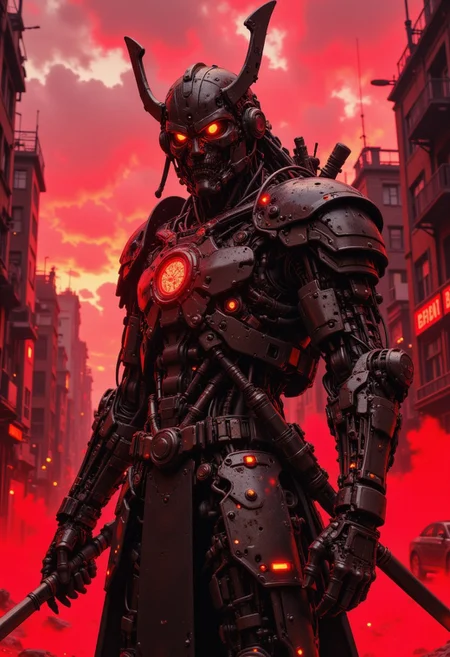 CAICO, detailed photorealistic image, a_skynet_cyberdyne_craft, the image is featuring a cyberdyne cyberpunk samurai robot, with samurai helemt, glowing red eyes, shiny tungsten armour, adorned with intricate, metallic details, including bolts, wires, and mechanical components, giving it a highly advanced, industrial military look, holding a katana, standing on a smoky city street with ruins. The sky is an ominous red, with stormy clouds, sunset