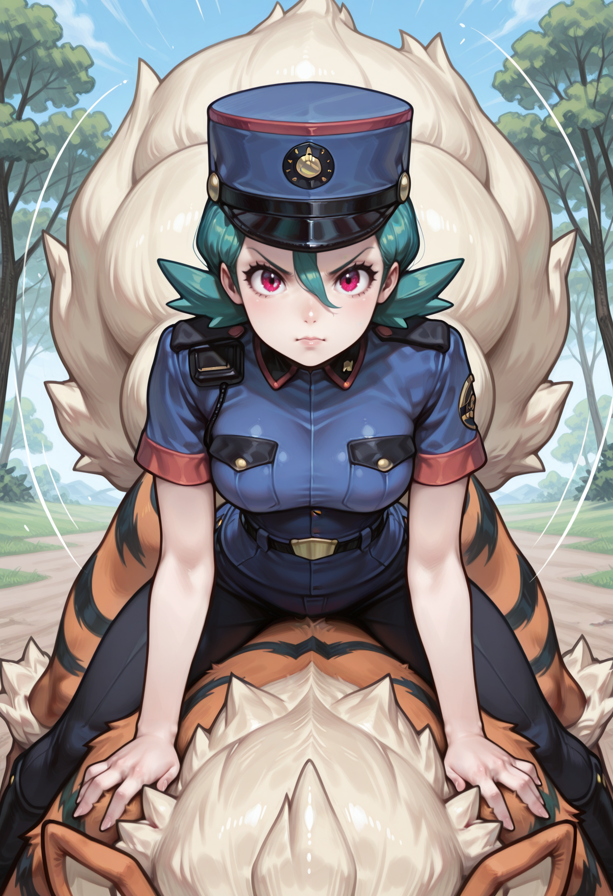 aipd,1girl, solo, jenny \(pokemon\),police hat, blue hat, green hair, hair between eyes, spiked hair, brown eyes, looking at viewer, serious, v-shaped eyebrows, bent back, riding pokemon, riding, 1other, arcanine, pokemon \(creature\), dog, giant animal, leaning forward, orange fur, white fur, black fur, dynamic pose, motion lines, motion blur, straight-on, animal focus, fluffy, furry, outdoors, foreshortening, out of frame, masterpiece,best quality,amazing quality, very aesthetic, absurdres,<segment:yolo-AnzhcFace-seg_640_v3_y11n.pt-1,0.2,0.25//cid=11>, <segment:yolo-hand_yolov9c.pt,0.15,0.25//cid=12>