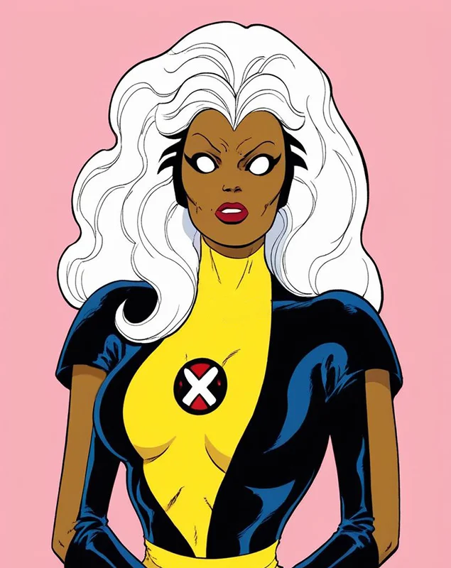 1960s, x-men, ororo as storm jbyrnepdxl, dark skin, white hair, pink background, long hair, lipstick, dark-skinned female, simple background, white hair, colored skin, 1girl, white eyes, lips, makeup, PonyXLV6_Scores PnyCmicXLPOS , <lora:ArtofByrnePDXL:1>