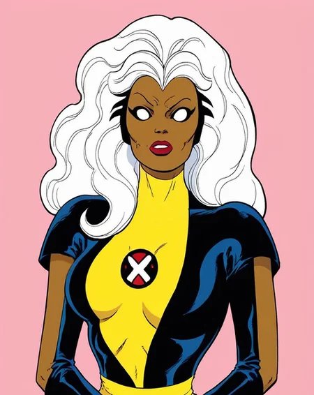 1960s, x-men, ororo as storm jbyrnepdxl, dark skin, white hair, pink background, long hair, lipstick, dark-skinned female, simple background, white hair, colored skin, 1girl, white eyes, lips, makeup, PonyXLV6_Scores PnyCmicXLPOS , <lora:ArtofByrnePDXL:1>