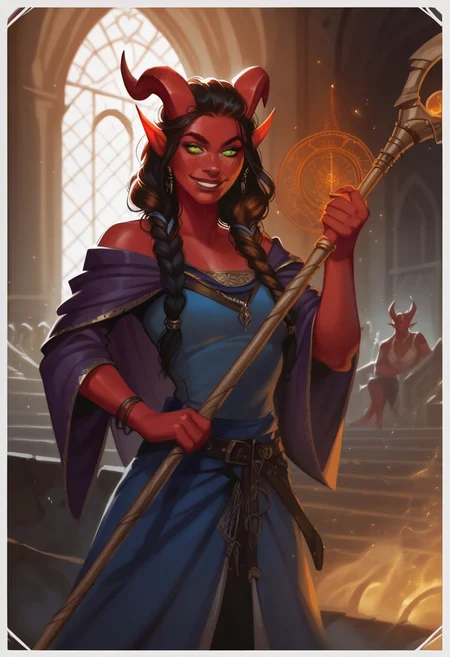 score_9, score_8_up, score_7_up
BREAK
d&d style, western cartoon, concept art
BREAK 
1 woman, tiefling girl, (red skin:1.1), horns, long hair, braided twintails, bangs, dark green eyes, freckles on face and body, gorgeous face, detailed face, toned body, small breasts, wizard, blue wizard robes, raw lighting, overexposed, harsh flash, dark cinematography, volumetric lighting, black hair, sly smile, magic staff, casting spell, day, fantasy, inside castle